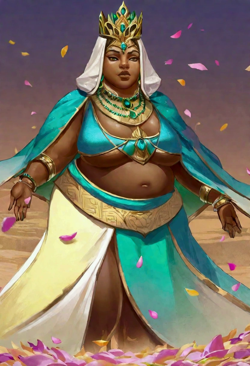 A huttese female (huge body, blue green body tone fading to light tan on belly, broad mouth, royal tiara, sheer colorful cloak) riding on a hover barge, desert, slaves tossing flower petals