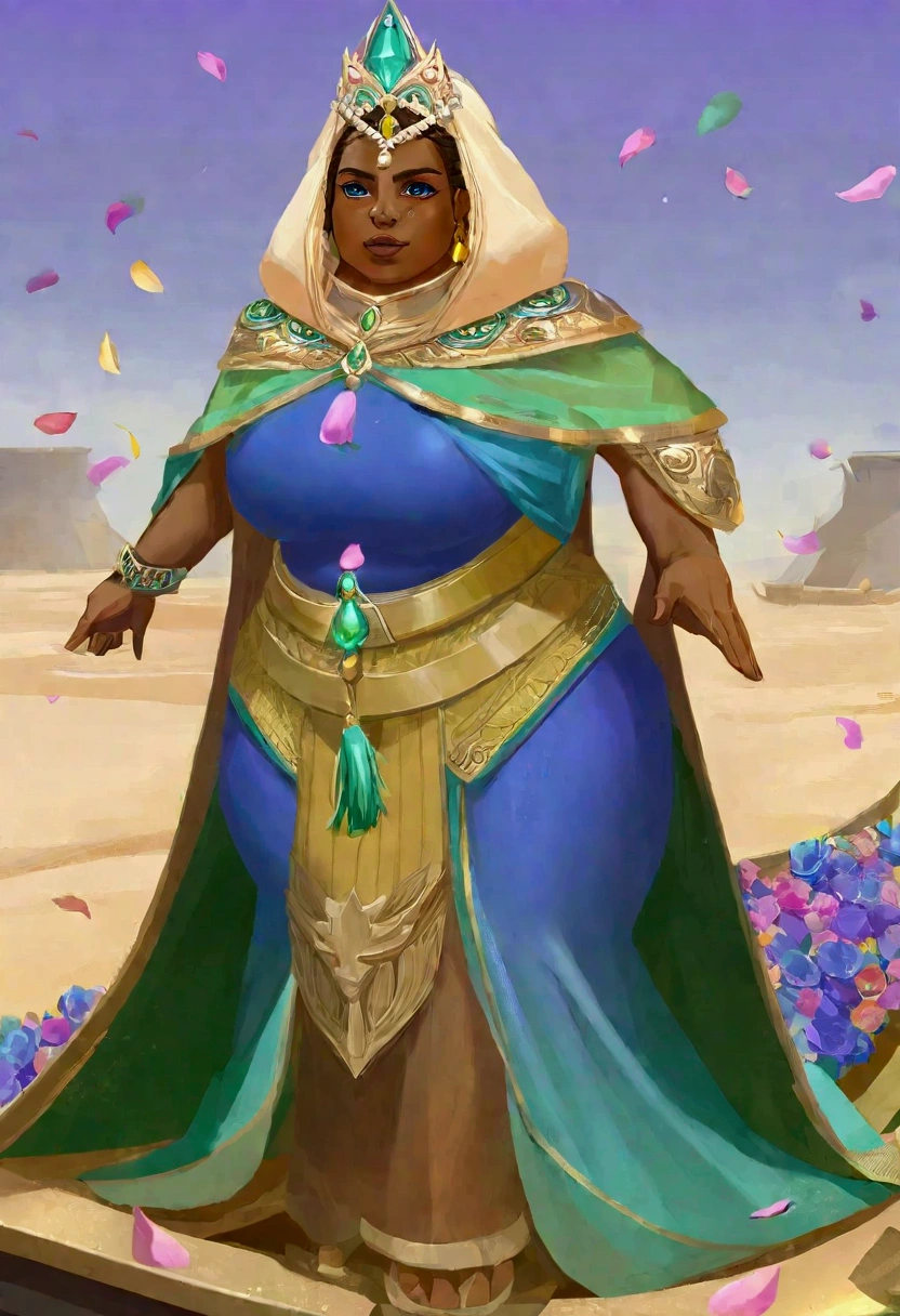 A huttese female (huge body, blue green body tone fading to light tan on belly, broad mouth, royal tiara, sheer colorful cloak) riding on a hover barge, desert, slaves tossing flower petals