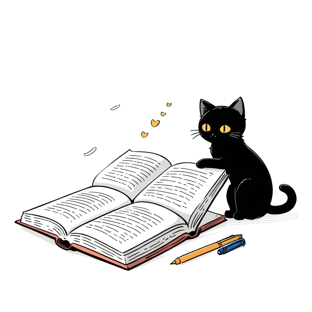 1 black cat lie down on the book,simple,(white background:1.4),doodle,scribble,minimalism,playing