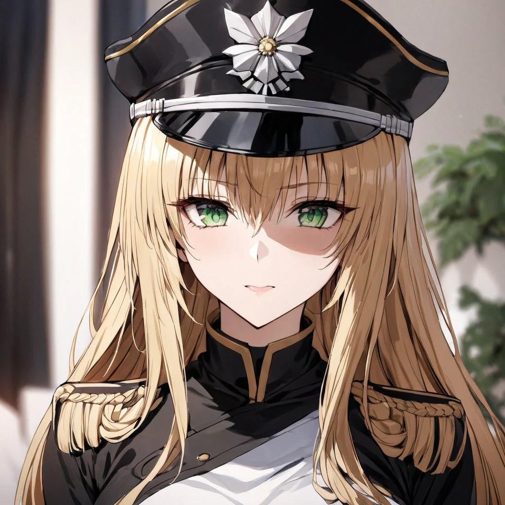 ((Highest quality)), ((masterpiece)), (detailed), （Perfect Face）、The woman is Tiare, a beautiful Space Imperial Army officer with green eyes and medium-long blonde hair, wearing a Space Imperial Army uniform and military cap.、The woman swore loyalty to Emperor Palpatine and served at his side.