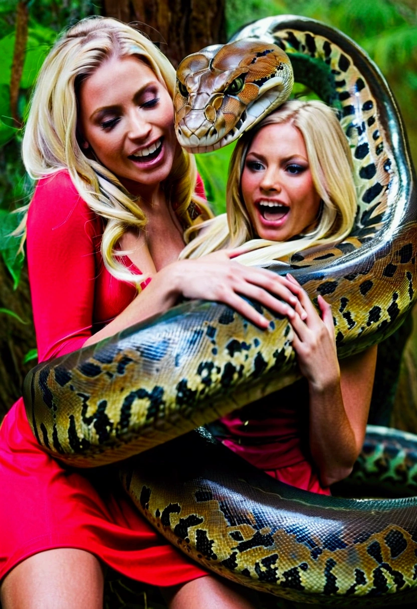 Happy Horny, aroused 1girl), beautiful blonde girl with giant colossal Kaa monster squeezing her hard, wrapped in thick spiraling coils, constricted, struggle, gasping for air, snake attack, snake peril