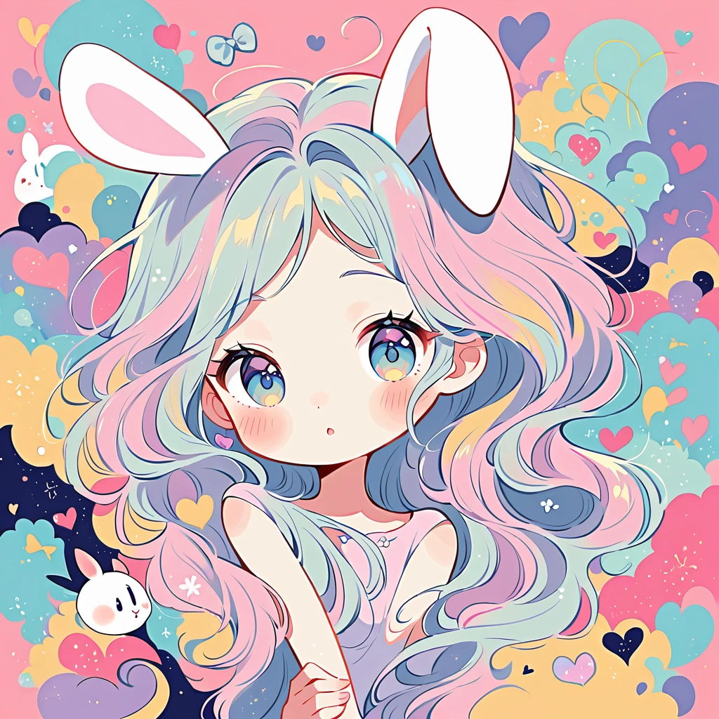 Simple line initials,Abstract art,Urban Background, Colorful Hearts ,(((The most beautiful girl of all time))), Cute Grim Reaper Character、Beautiful illustrations, Highest quality, Cute Grim Reaper、Bedroom, pastel colour, Fluffy bunny ears, , Silver long hair,