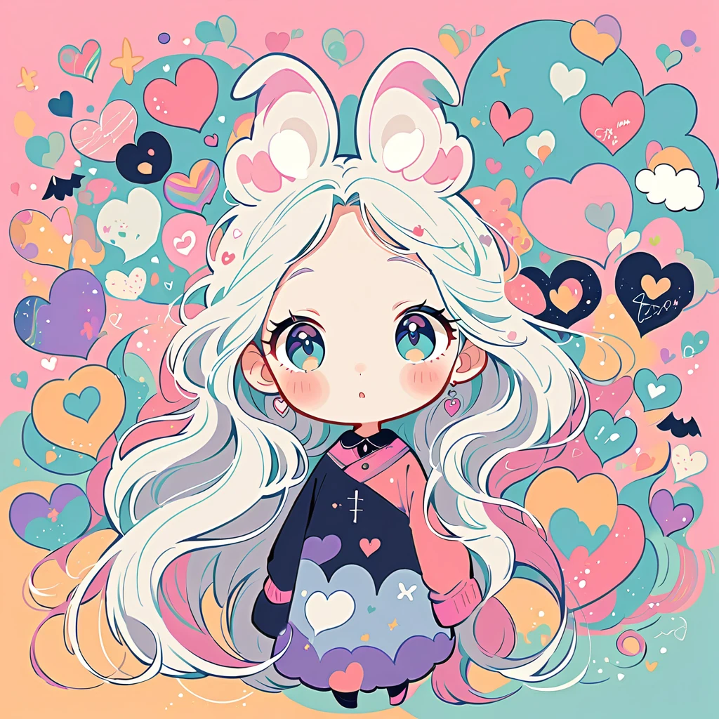 Simple line initials,Abstract art,Urban Background, Colorful Hearts ,(((The most beautiful girl of all time))), Cute Grim Reaper Character、Beautiful illustrations, Highest quality, Cute Grim Reaper、Bedroom, pastel colour, Fluffy bunny ears, , Silver long hair,