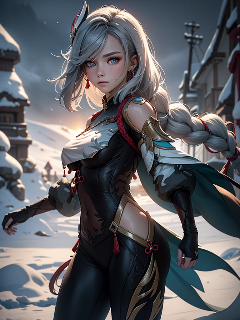 shenhedef, upper body, seductive look, blush, outdoors, snowflake scenery, looking at viewer, cloudy, moody lighting, (perfect detail eyes:1.2), glowing eyes, (long hair one braid:1.2), elemental skill effect, (Masterpiece, Best Quality, High Quality:1.4), professional artwork, Intricate Details, field of view, sharp focus, detailed painting, photorealistic lighting, trending on pixiv, (vivid lighting, vibrant colors:1.05), realistic shadows, ambient occlusion, (athletic body:1.3), mature woman, 30yo, colors RGB