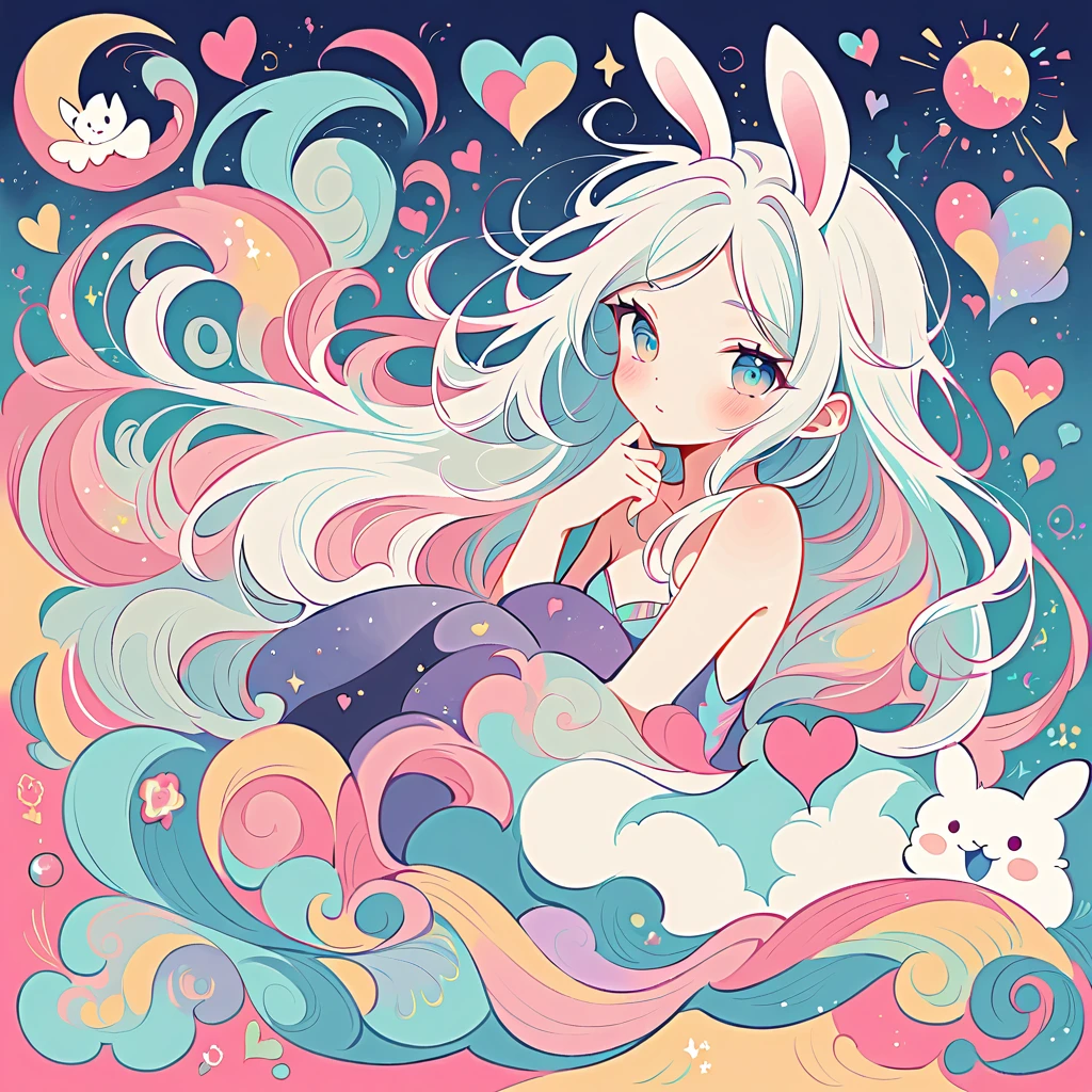 Simple line initials,Abstract art,Urban Background, Colorful Hearts ,(((The most beautiful girl of all time))), Cute Grim Reaper Character、Beautiful illustrations, Highest quality, Cute Grim Reaper、Bedroom, pastel colour, Fluffy bunny ears, , Silver long hair,