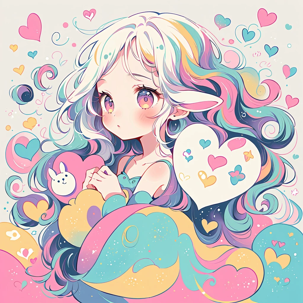Simple line initials，Abstract art，Urban Background, Colorful Hearts ,(((The most beautiful girl of all time))), Cute Grim Reaper Character、Beautiful illustrations, Highest quality, Cute Grim Reaper、Bedroom, pastel colour, Fluffy bunny ears, , Silver long hair,