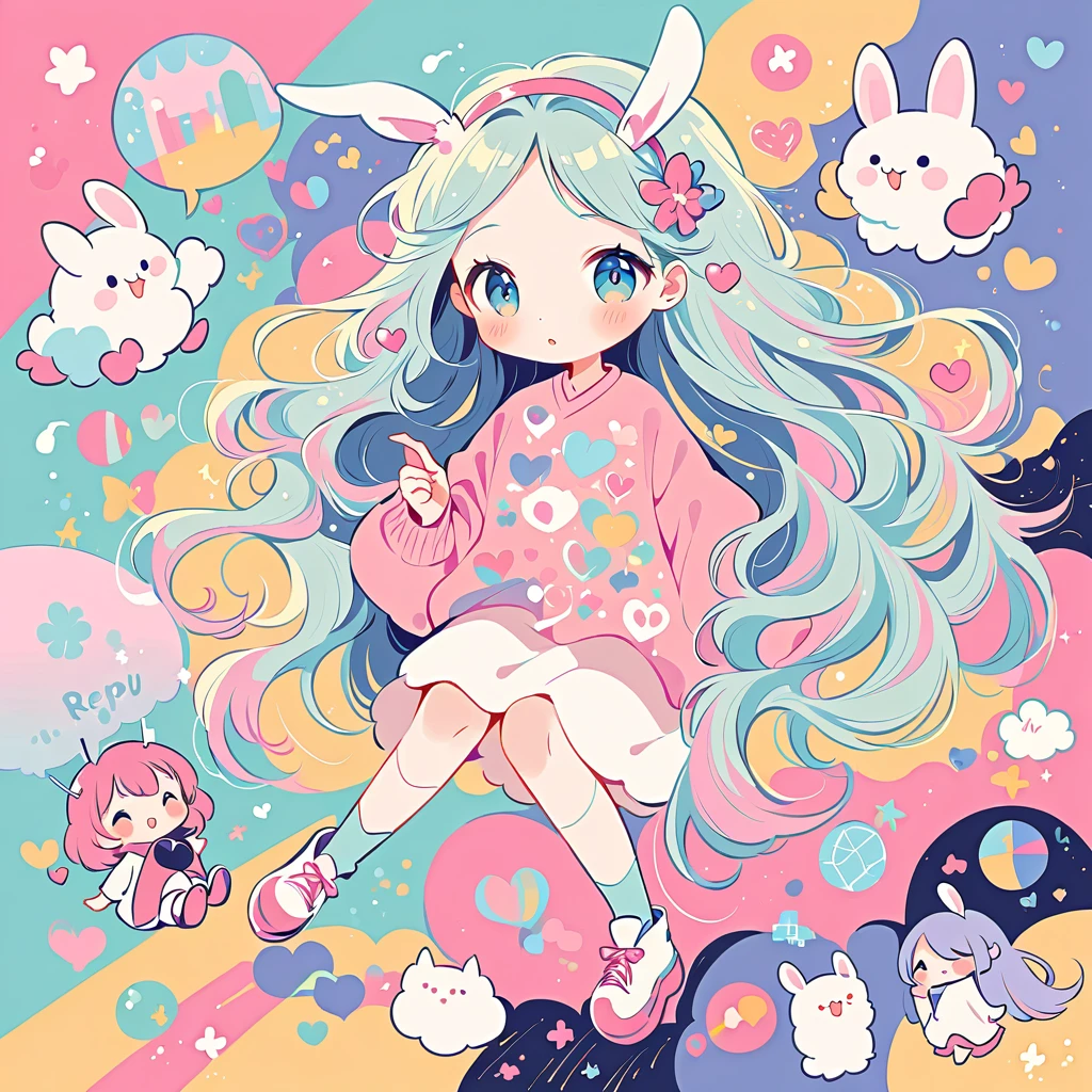 Simple line initials,Abstract art,Urban Background, Colorful Hearts ,(((The most beautiful girl of all time))), Cute Grim Reaper Character、Beautiful illustrations, Highest quality, Cute Grim Reaper、Bedroom, pastel colour, Fluffy bunny ears, , Silver long hair,
