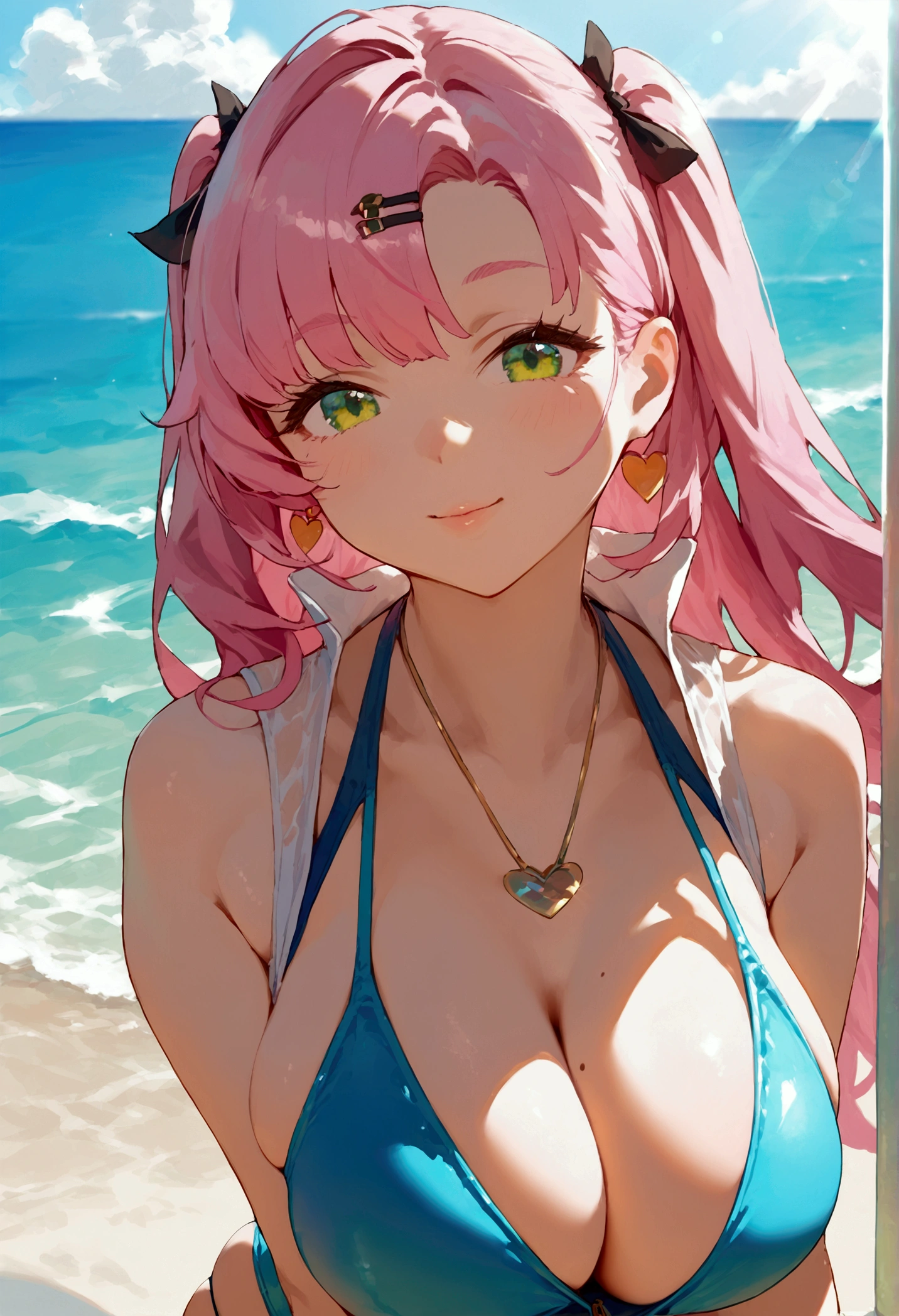 score_9, score_8_up, score_7_up, source_anime, looking at viewer, looking down, cowboy shot, Ncle, green eyes, pink hair, long hair, two side up, hair ribbon, hairclip, mole under eye, earrings, jewelry, swimsuit, bikini, one-piece swimsuit, blue one-piece swimsuit, zipper pull tab, large breasts, thick thighs, skindentation, smile, ocean, beach, sunlight, outdoors, Big breasts