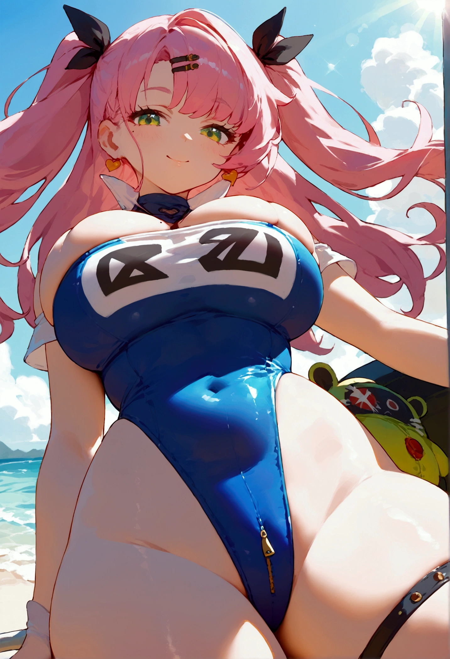 score_9, score_8_up, score_7_up, source_anime, looking at viewer, looking down, cowboy shot, Ncle, green eyes, pink hair, long hair, two side up, hair ribbon, hairclip, mole under eye, earrings, jewelry, swimsuit, bikini, one-piece swimsuit, blue one-piece swimsuit, zipper pull tab, large breasts, thick thighs, skindentation, smile, ocean, beach, sunlight, outdoors, Big breasts