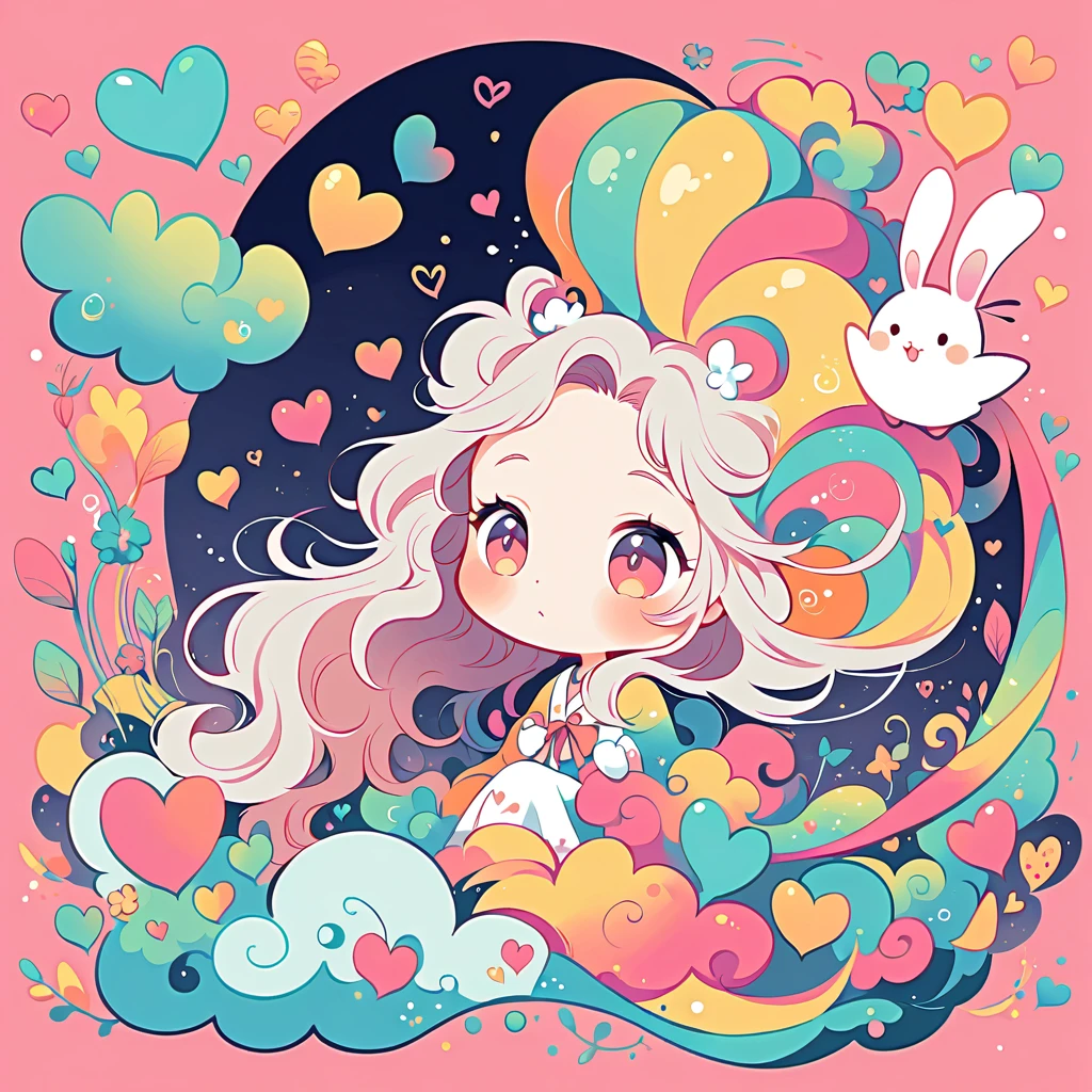 Simple line initials，Abstract art，Urban Background, Colorful Hearts ,(((The most beautiful girl of all time))), Cute Grim Reaper Character、Beautiful illustrations, Highest quality, Cute Grim Reaper、Bedroom, pastel colour, Fluffy bunny ears, , Silver long hair,
