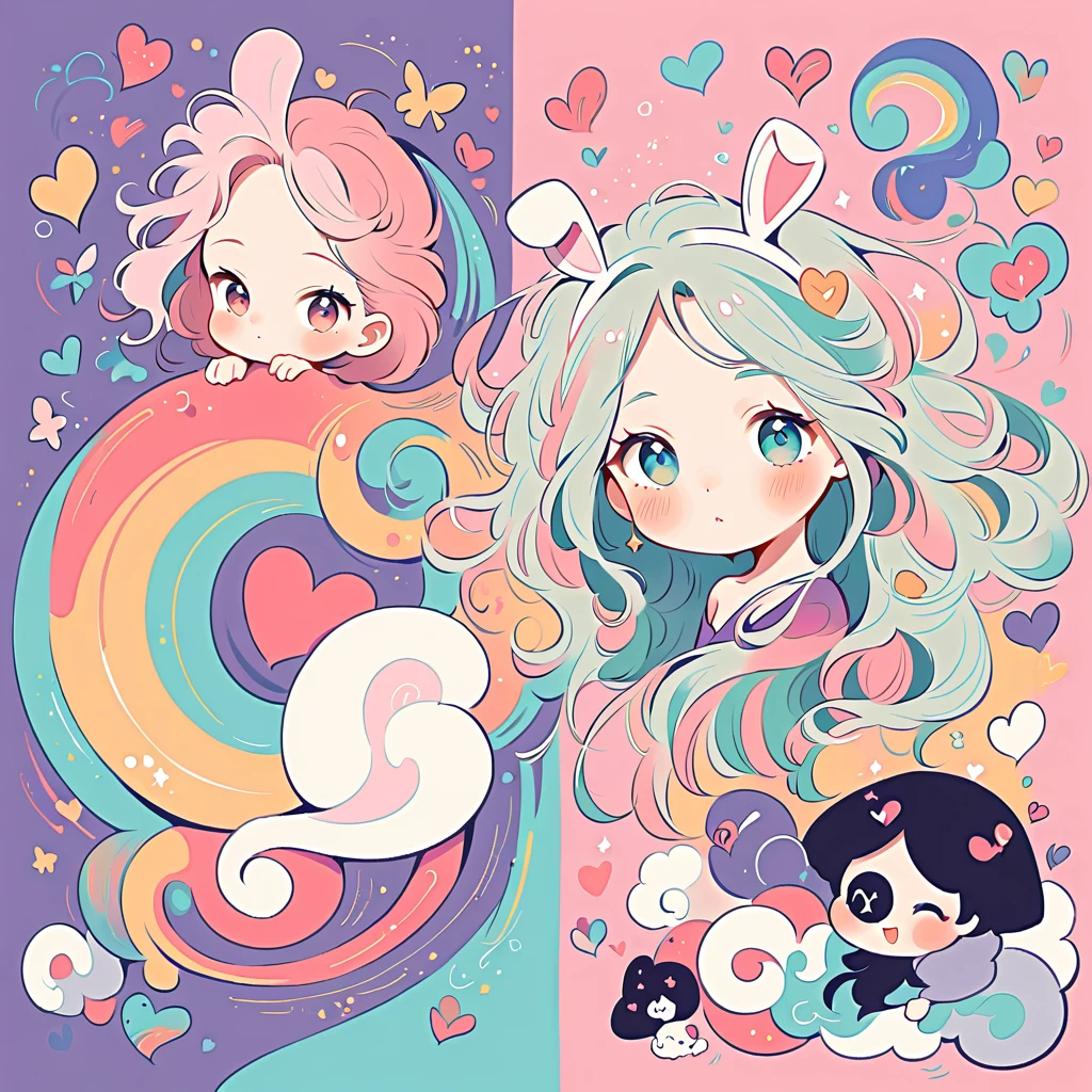 Simple line initials,Abstract art,Urban Background, Colorful Hearts ,(((The most beautiful girl of all time))), Cute Grim Reaper Character、Beautiful illustrations, Highest quality, Cute Grim Reaper、Bedroom, pastel colour, Fluffy bunny ears, , Silver long hair,