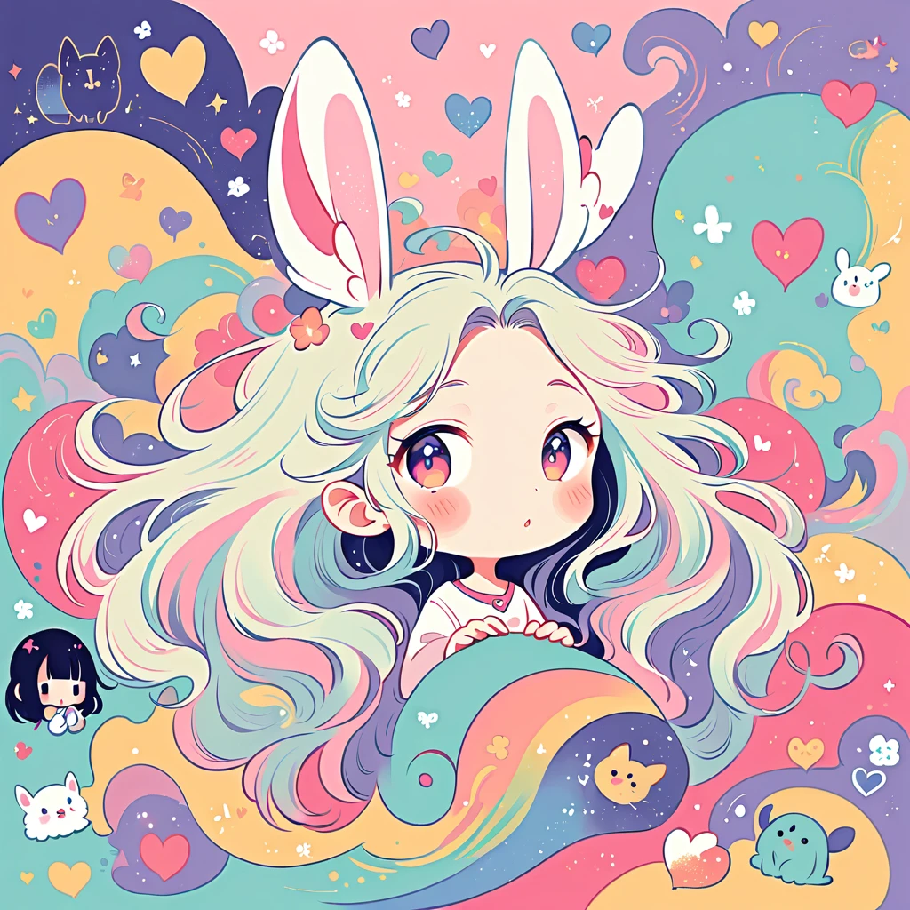 Simple line initials,Abstract art,Urban Background, Colorful Hearts ,(((The most beautiful girl of all time))), Cute Grim Reaper Character、Beautiful illustrations, Highest quality, Cute Grim Reaper、Bedroom, pastel colour, Fluffy bunny ears, , Silver long hair,