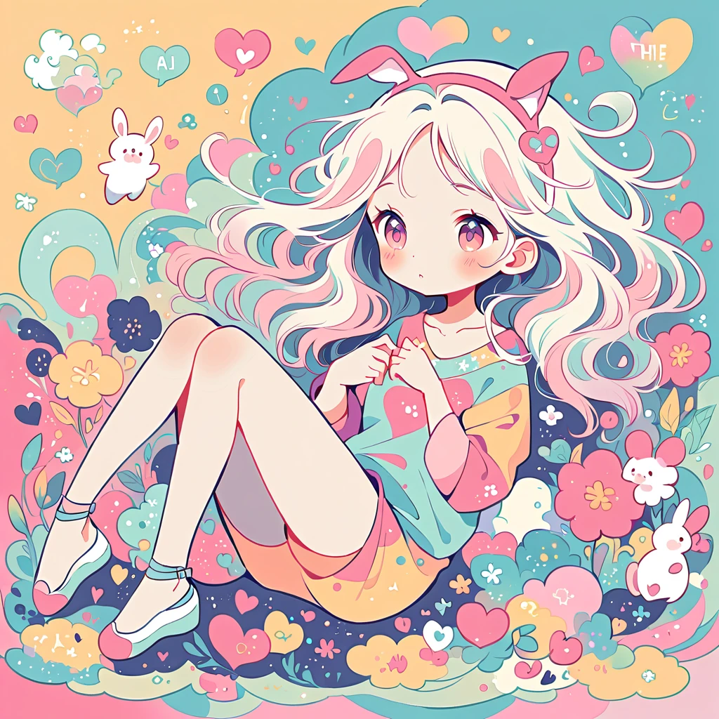 Simple line initials,Abstract art,Urban Background, Colorful Hearts ,(((The most beautiful girl of all time))), Cute Grim Reaper Character、Beautiful illustrations, Highest quality, Cute Grim Reaper、Bedroom, pastel colour, Fluffy bunny ears, , Silver long hair,