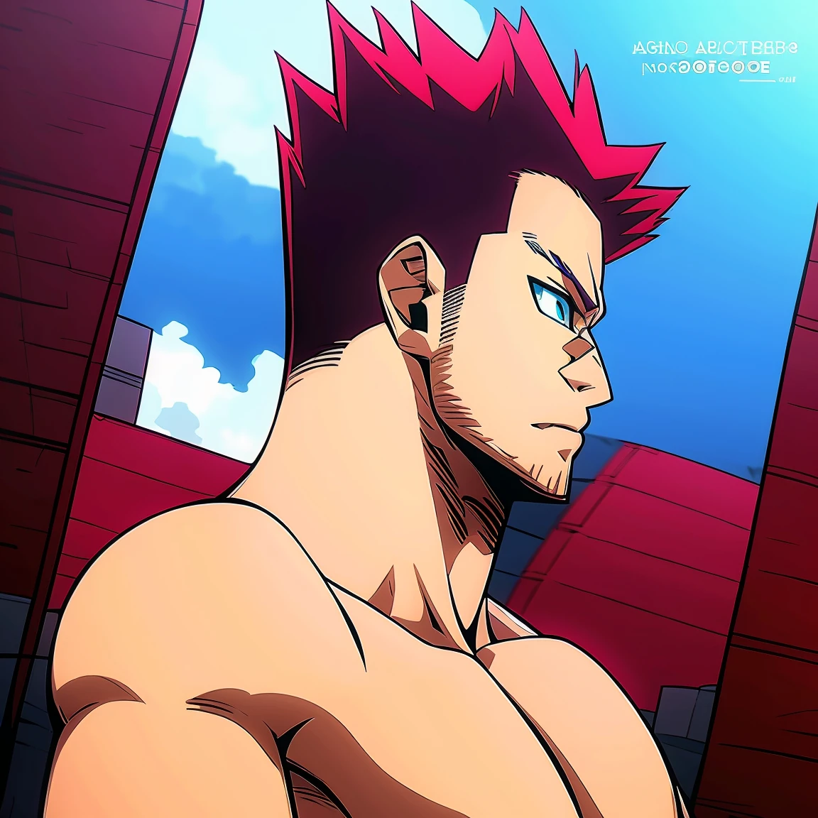 Enji, 1 chico, whole body, big muscular, of good quality, naked, standing in an open space during the day, Red hair, blue eyes, con pose sensual
