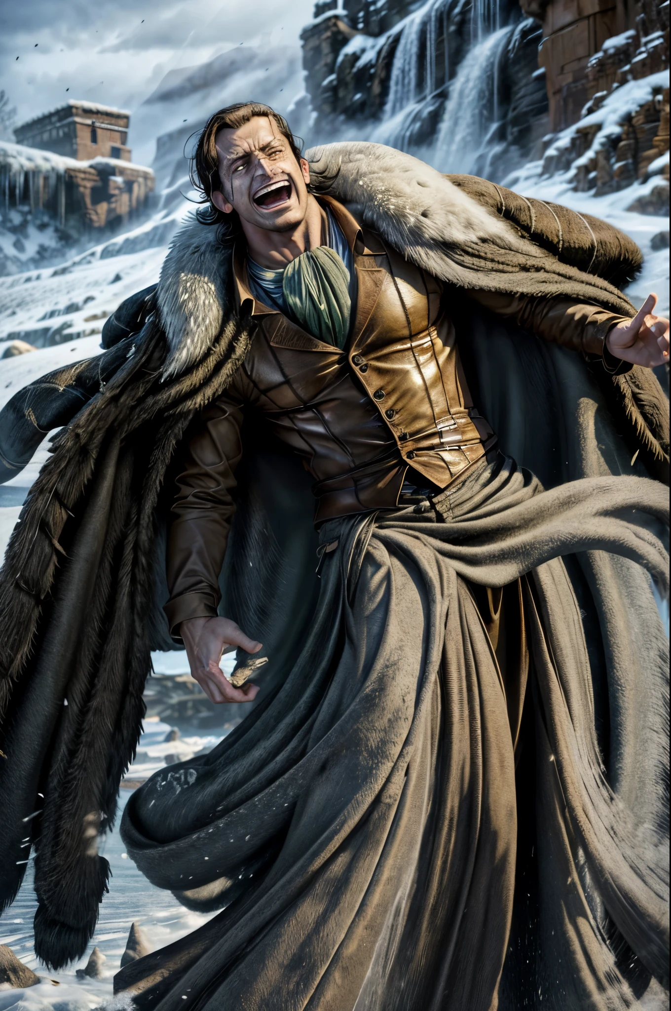masterpiece, best quality, extremely detailed, hyperrealistic, photorealistic, a cool 40s man, ultra detailed face:1.2, fur-trimmed coat, scarf around the neck, his left hand is a golden pirate hook:1.1, laughing, artistic jump, dynamic angle, frozen island, giant snow moutain, frozen waterfall, icicles, covered with ice, everything is made out of ice, ominous atmosphere