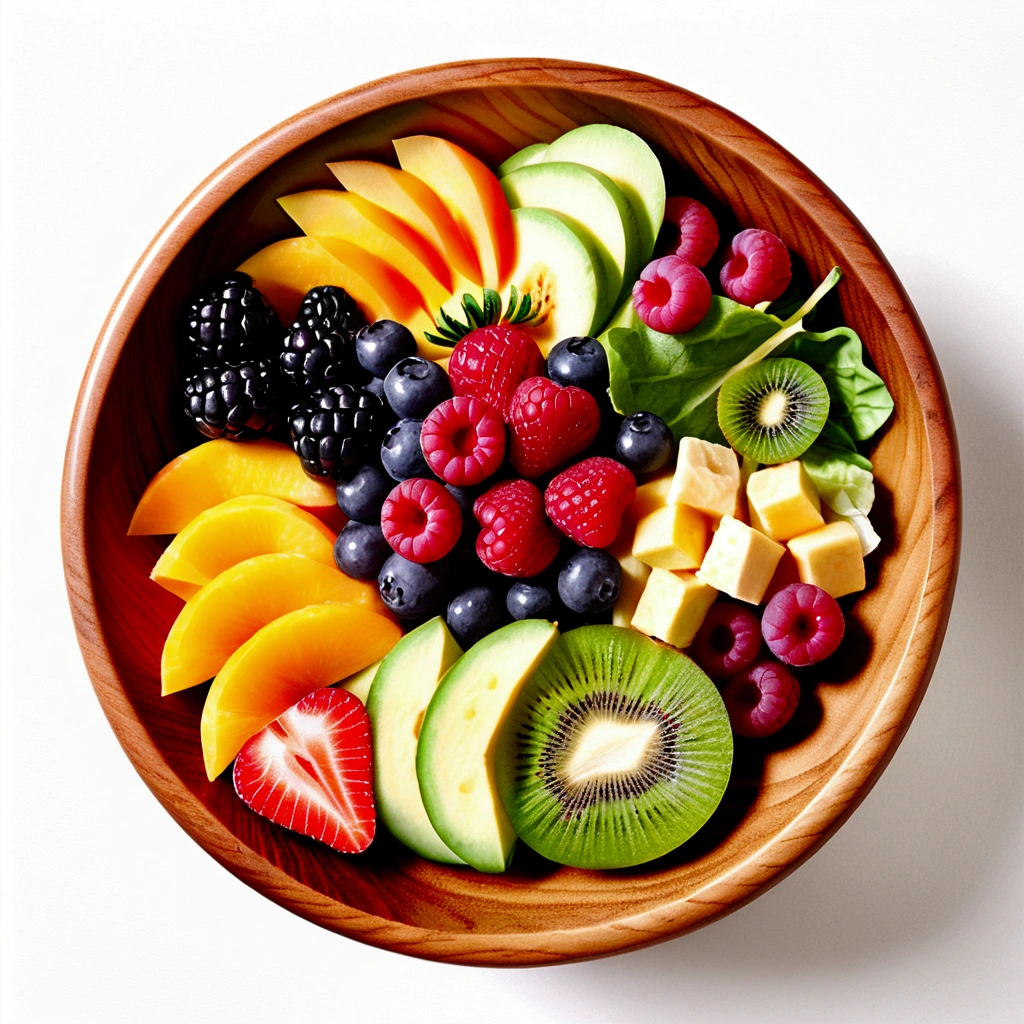 There is bowl of salad made of different fruit , fresh and creamy, served in fancy wooden bowl, illustration, baking ingredients, isolated with solid white background, surrounded with negative space, centered composition,highest detailed painting, very precise line, Isolated, clear solid white background, perspective angle of view, ((watercolor:1)), (lora:add-detail-xl:1), (masterpiece), (best quality), no bread on the floor, washed out color