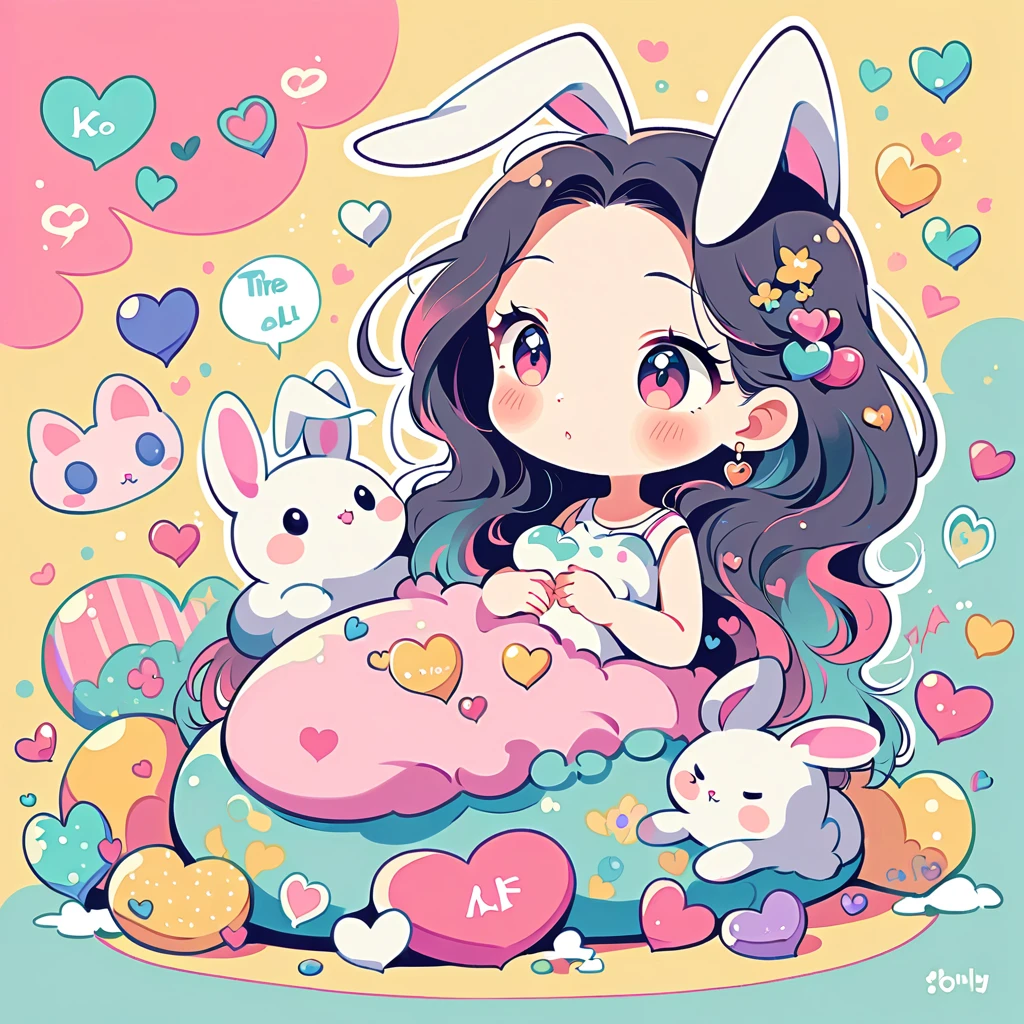 Simple line initials,Abstract art,Urban Background, Colorful Hearts ,(((The most beautiful girl of all time))), Cute Grim Reaper Character、Beautiful illustrations, Highest quality, Cute Grim Reaper、Bedroom, pastel colour, Fluffy bunny ears, , Silver long hair,