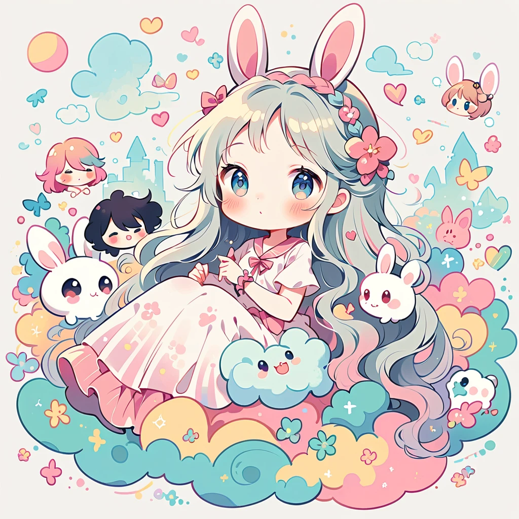 Simple line initials,Abstract art,Urban Background, Colorful Hearts ,(((The most beautiful girl of all time))), Cute Grim Reaper Character、Beautiful illustrations, Highest quality, Cute Grim Reaper、Bedroom, pastel colour, Fluffy bunny ears, , Silver long hair,