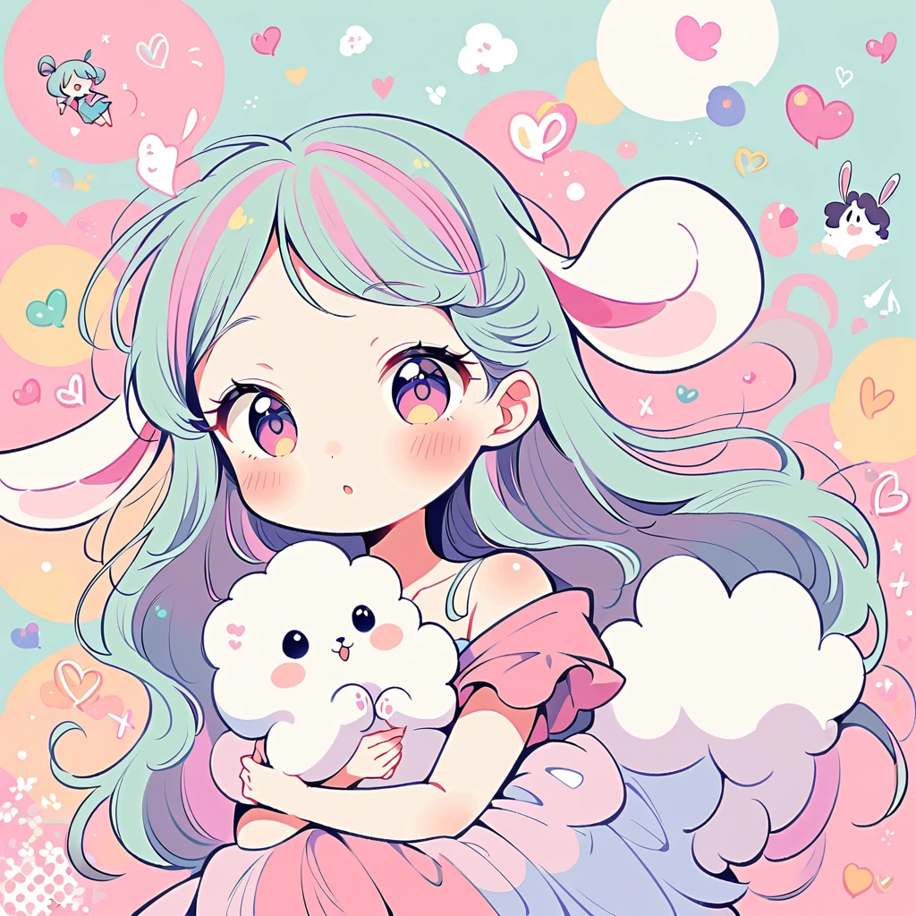 Simple line initials,Abstract art,Urban Background, Colorful Hearts ,(((The most beautiful girl of all time))), Cute Grim Reaper Character、Beautiful illustrations, Highest quality, Cute Grim Reaper、Bedroom, pastel colour, Fluffy bunny ears, , Silver long hair,