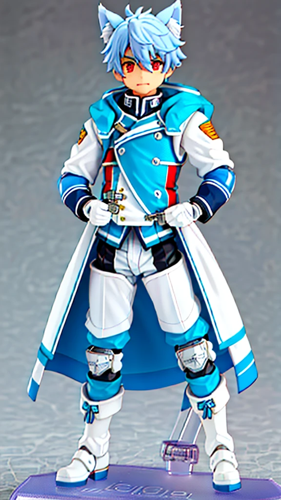 ((e boy)), Wolf ears, Locomotive goggles, Silver dye,Blue dye,White all-in-one mech set,White armored gloves, Racing boots, ,tchibi, blindbox,Clay texture, Best quality,a 3D render, Best quality, Lots of detail, vinyl toy figurine