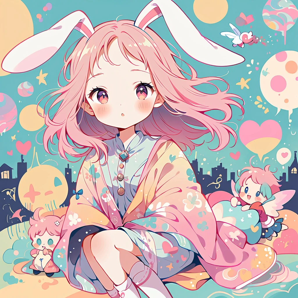 Simple line initials,Abstract art,Urban Background, Colorful Hearts ,(((The most beautiful girl of all time))), Cute Grim Reaper Character、Beautiful illustrations, Highest quality, Cute Grim Reaper、Bedroom, pastel colour, Fluffy bunny ears, , Silver long hair,