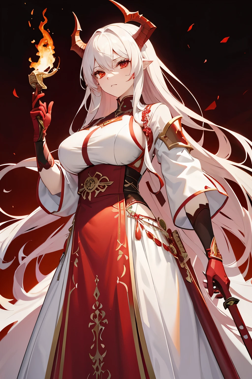A female warrior with dragon horns, red eyes, and long curly hair dyed white and red, wearing a red dragon-themed outfit, holding a dragon-shaped katana, with a tall and slender build. Flaming and dark background, anime style, high resolution, masterpiece.