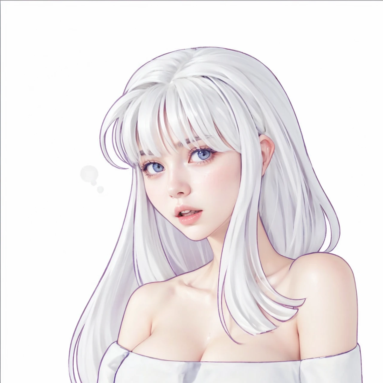 Woman with straight white hair. clear skin. Light gray eyes. looking to the right. Body heading to the left. serious facial expression