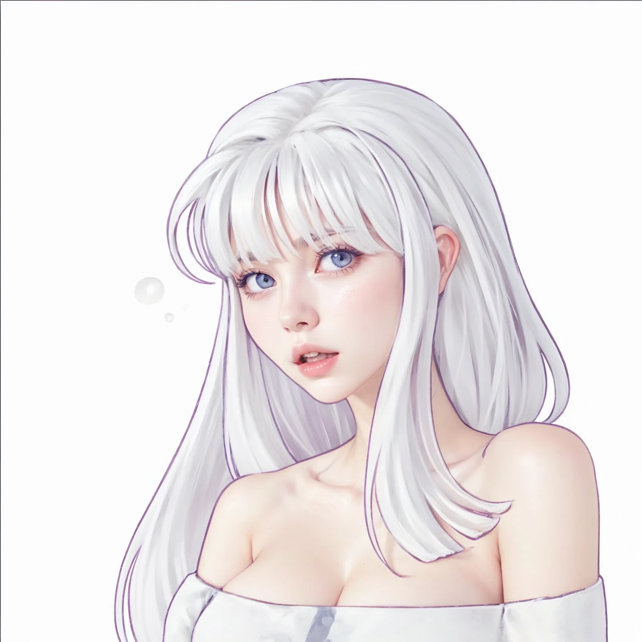 Woman with straight white hair. clear skin. Light gray eyes. looking to the right. Body heading to the left. serious facial expression