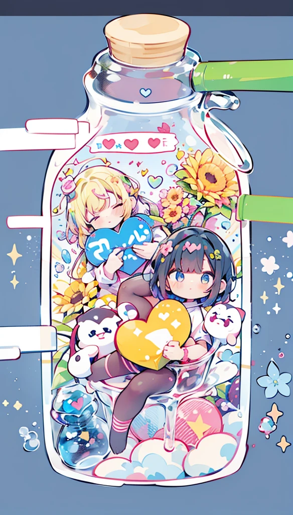 Q version,child,cute风格的颜色,Two boys,One is blonde hair,One has dark blue hair,In the bottle,flower,Rose,sunflower,Heart Shaped Gemstone,Q version,cute,Fresh colors,colourful,Hidden Color,8K,Correct human body,Detailed eye painting,illustration,Highest quality,Exquisite,Detailed face,Masterpiece,flat chest,Slim,young,,High-end,Hand Painted,Official Fanart,Visual novel,Anime style,Girly Romance,Produced by Anime Painter Studio,
