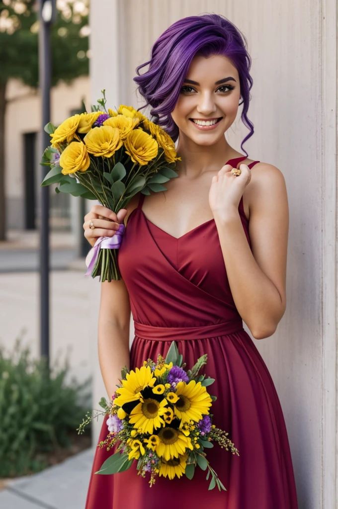 girl with purple hair, yellow eyes, Red dress, with a bouquet of flowers in her hand, smiling