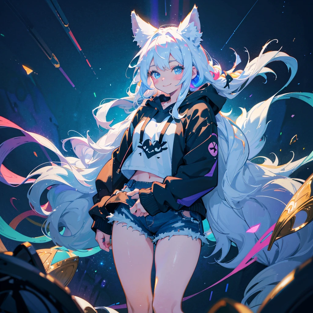 a cute adult male with wolf ears, long white hair, long locks, has a wolf tail, wearing a loose cropped black hoodie, wearing a pair of denim short shorts and fishnet stockings, thick thighs, wide hips, short, showing slender tummy, heart on hoodie, squishy thighs, has glowing blue eyes. alone, solo (ALONE)(SOLO), surrounded by rainbows, colorful galaxy backround, smiling, ontop of a pile of fluffy plushes, plushies everywhere, kawaii plushies, surrounded by bubbles, surrounded by rainbow leaves, standing up dancing, thicc thighs, has giant ears