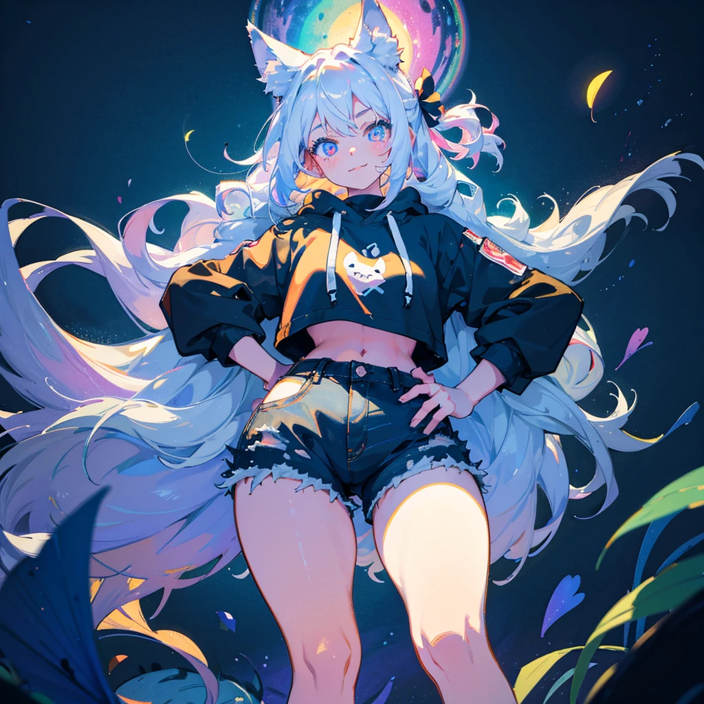 a cute adult male with wolf ears, long white hair, long locks, has a wolf tail, wearing a loose cropped black hoodie, wearing a pair of denim short shorts and fishnet stockings, thick thighs, wide hips, short, showing slender tummy, heart on hoodie, squishy thighs, has glowing blue eyes. alone, solo (ALONE)(SOLO), surrounded by rainbows, colorful galaxy backround, smiling, ontop of a pile of fluffy plushes, plushies everywhere, kawaii plushies, surrounded by bubbles, surrounded by rainbow leaves, standing up dancing, thicc thighs, has giant ears