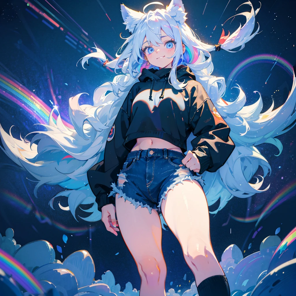a cute adult male with wolf ears, long white hair, long locks, has a wolf tail, wearing a loose cropped black hoodie, wearing a pair of denim short shorts and fishnet stockings, thick thighs, wide hips, short, showing slender tummy, heart on hoodie, squishy thighs, has glowing blue eyes. alone, solo (ALONE)(SOLO), surrounded by rainbows, colorful galaxy backround, smiling, ontop of a pile of fluffy plushes, plushies everywhere, kawaii plushies, surrounded by bubbles, surrounded by rainbow leaves, standing up dancing, thicc thighs, has giant ears