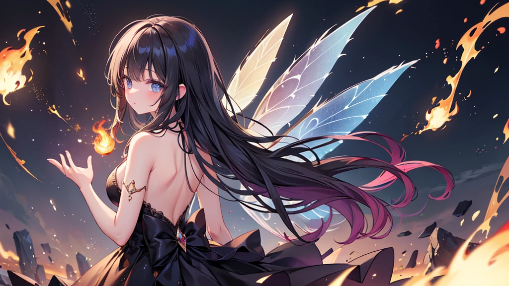 (Exquisite, beautiful, Very detailed, masterpiece, high resolution,high quality,High resolution),(Well-formed face,soft thin lines: 1.2, Beautiful, delicate and vivid illustrations with a mature and clear feel), From the rings on both hands, a fairy that controls flames and fire is floating in the air.,A delicate and beautiful adult fairy princess with transparent, black wings growing from her back.,Dark Night,inflammation,sparks,From a little distance,She&#39;s wearing a tiara, earrings, necklace and bracelets.,), ((Red, white and black ball gown dress with inflammation motif:1.1, Balloon sleeves, Jewels, ribbons, lace and frills, Fairy wings from the back:1.5)), (Long fingers,Pale pink blush, Plump pink lips,Beautiful and clear eyes,Large Bust, Fair skin, Black knee-highs,Good style),pastel colour, Fantasy,Whole body,flare up