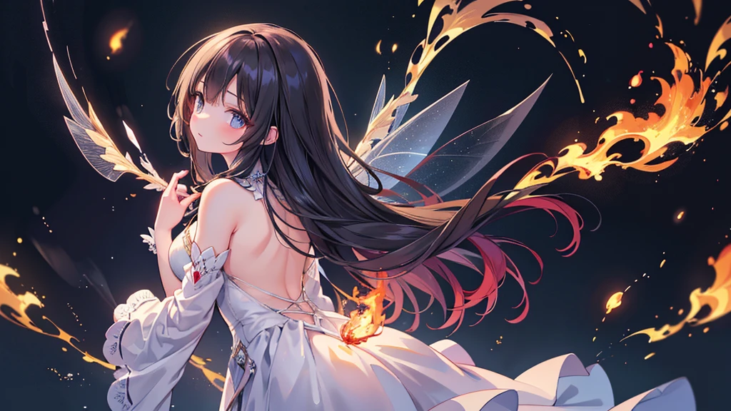 (Exquisite, beautiful, Very detailed, masterpiece, high resolution,high quality,High resolution),(Well-formed face,soft thin lines: 1.2, Beautiful, delicate and vivid illustrations with a mature and clear feel), From the rings on both hands, a fairy that controls flames and fire is floating in the air.,A delicate and beautiful adult fairy princess with transparent, black wings growing from her back.,Dark Night,inflammation,sparks,From a little distance,She's wearing a tiara, earrings, necklace and bracelets.,), ((Red, white and black ball gown dress with inflammation motif:1.1, Balloon sleeves, Jewels, ribbons, lace and frills, Fairy wings from the back:1.5)), (Long fingers,Pale pink blush, Plump pink lips,Beautiful and clear eyes,Large Bust, Fair skin, Black knee-highs,Good style),pastel colour, Fantasy,Whole body,flare up