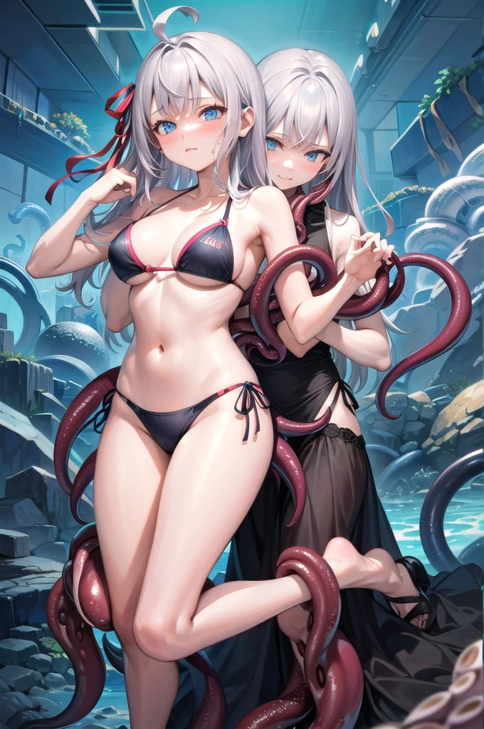 ,One girl,gray hair, ahoge,Long Hair, blue eyes,,bikini,hair ribbon,break,Surrounded by tentacles、The body is connected by many tentacles.,、Hands bound by tentacles、The legs are tied with tentacles、Tentacles groping the whole body、Kneel、Covered in tentacles、