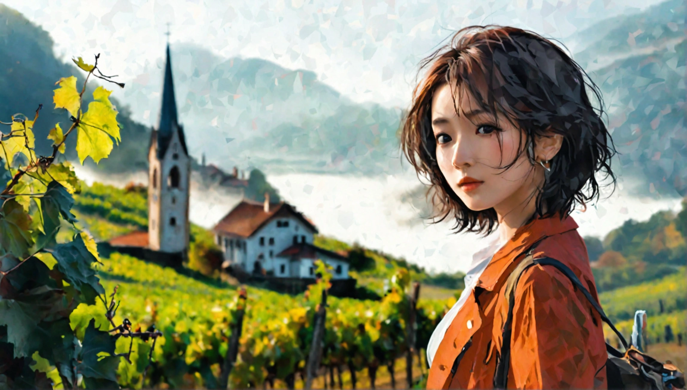 Woman in beautiful landscape 8K highest quality, Beautiful 36-year-old Korean woman, Chest size 34 inches, Passing through vineyards in the Swiss countryside, The cathedral is visible in the early morning fog., The back background is realistic and vivid quality., short medium hair, Casual and British - (summer jacket) ,Perfect and realistic photos, The background is realistic.. Full body shot with Canon camera 16-35 wide angle lens, expressionless, On a vineyard hill covered in thick fog., Walking towards the front camera