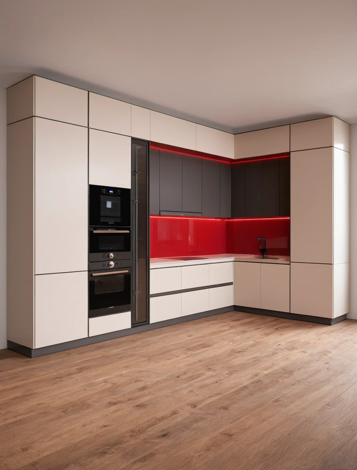 Raw photo,Masterpiece, high quality, best quality, authentic, super detail, interior , sunset, daylight, Kitchen Cabinets style modern, Induction cooker, sink, faucet, oven, built-in microwave, wooden floor, hood, wine cabinet, ((red tones))