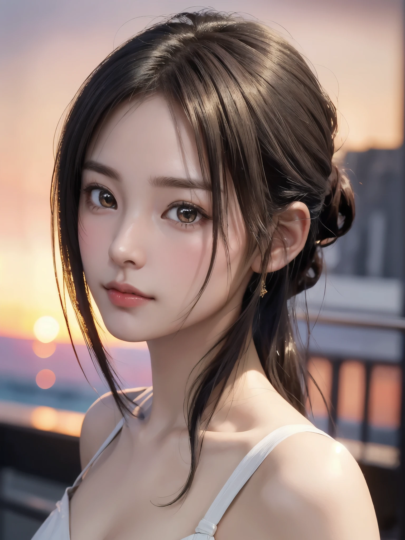 One Girl，(1人のとてもcute女の子:1.3)，masterpiece，Highest quality，High resolution，From below，Low - Angle，Photorealistic，RAW Photos，Ray Tracing，Physically Based Rendering，beautiful girl，(:1.3)，cute，Big eyes，(detailed pupils:1.2)，(The face is facing straight ahead:1.3)，Body facing forward，Beautiful nose，High nose，Upturned nose，Fuller lips，Short black hair，ponytail，short hair，Detailed eyelashes，Thin eyebrows，Very fine grain definition，(Symmetrical eyes，Golden Ratio:1.3)，(Face close-up，Face Focus:1.0)，Small breasts，Short neck，White swimsuit，White Bikini，The background is the sea，Southern Island，sunset，Sunset，Portrait，View Viewer，Upper Body，Cinema Lighting，High resolution，Very detailed