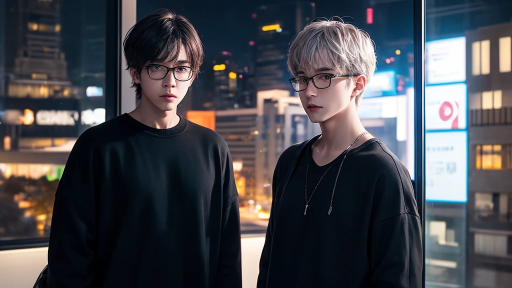 The real magic of short-haired men, Gray Hair, Wear glasses, Wearing a black sweatshirt, Expressions of fear, Are standing, Night office setup, Buildings at night in the scenery seen from the window