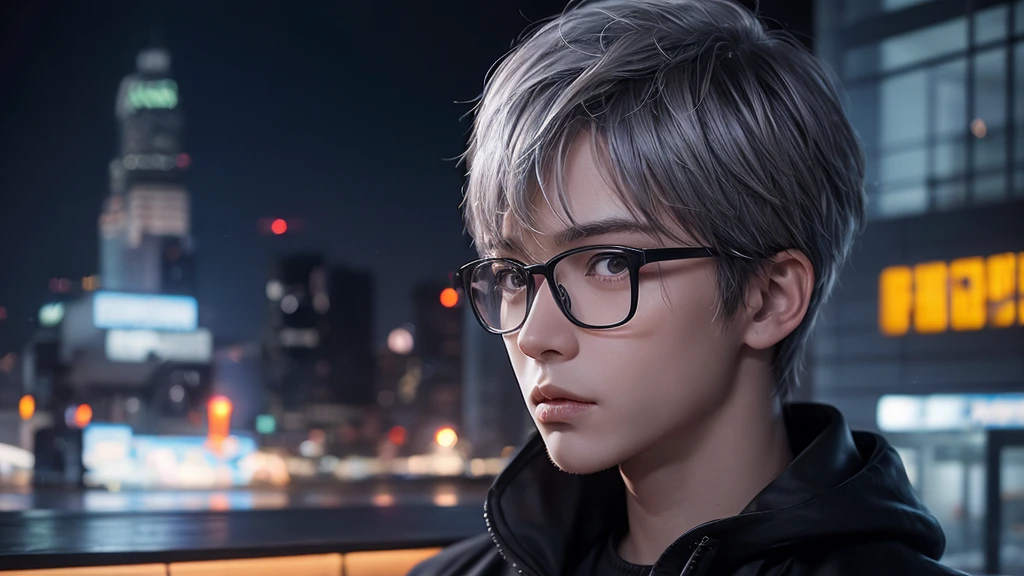 The real magic of short-haired men, Gray Hair, Wear glasses, Wearing a black sweatshirt, Expressions of fear, Are standing, Night office setup, Buildings at night in the scenery seen from the window  