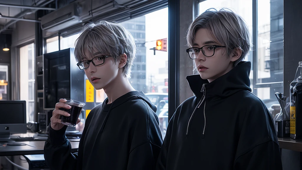 The real magic of short-haired men, Gray Hair, Wear glasses, Wearing a black sweatshirt, Expressions of fear, Are standing, Night office setup, Buildings at night in the scenery seen from the window
