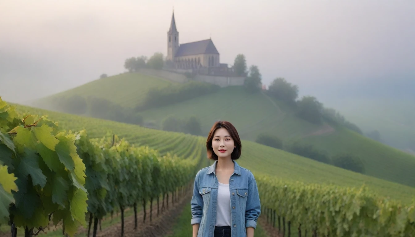 Woman in beautiful landscape 8K highest quality, Beautiful 36-year-old Korean woman, Chest size 34 inches, Passing through vineyards in the Swiss countryside, The cathedral is visible in the early morning fog., The back background is realistic and vivid quality., short medium hair, Casual and British - (summer jacket) ,Perfect and realistic photos, The background is realistic.. Full body shot with Canon camera 16-35 wide angle lens, expressionless, On a vineyard hill covered in thick fog., Walking towards the front camera