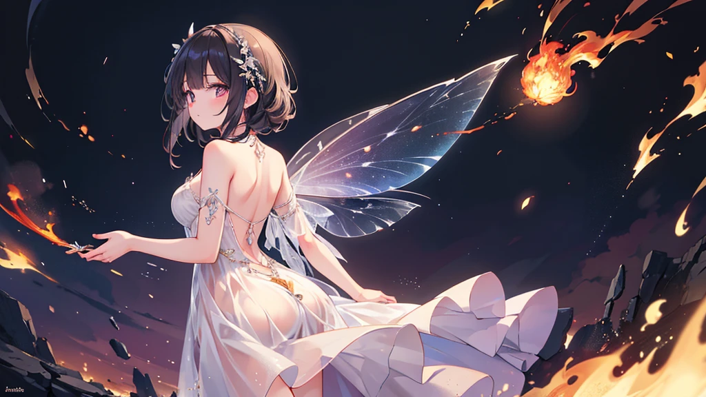 (Exquisite, beautiful, Very detailed, masterpiece, high resolution,high quality,High resolution),(Well-formed face,soft thin lines: 1.2, Beautiful, delicate and vivid illustrations with a mature and clear feel), From the rings on both hands, a fairy that controls flames and fire is floating in the air.,A delicate and beautiful fairy princess with transparent, black wings growing from her back.,Dark Night,inflammation,sparks,From a little distance,She's wearing a tiara, earrings, necklace and bracelets.,), ((Red, white and black ball gown dress with inflammation motif:1.1, Balloon sleeves, Jewels, ribbons, lace and frills, Fairy wings from the back:1.5)), (Long fingers,Pale pink blush, Plump pink lips,Beautiful and clear eyes,Large Bust, Fair skin, Black knee-highs,Good style),pastel colour, Fantasy,Whole body,flare up