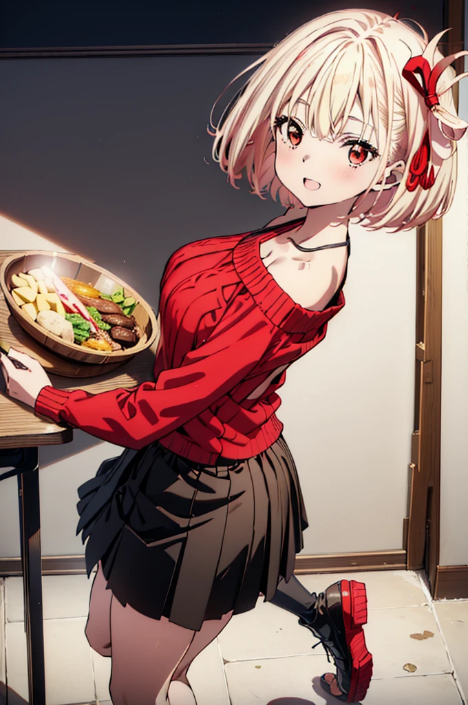 Chisato Nishikigi, short hair, bangs, Blonde, (Red eyes:1.5), hair ribbon, One side up, Bobcut,happy smile, smile, Open your mouth,Red one-shoulder sweater,mini skirt,black tights,short boots,There is food on the table,トレイ in one hand,Chair,Walking,whole bodyがイラストに入るように,
break indoors,School,canteen,
break looking at viewer, whole body,
break (masterpiece:1.2), Highest quality, High resolution, unity 8k wallpaper, (figure:0.8), (Beautiful attention to detail:1.6), Highly detailed face, Perfect lighting, Highly detailed CG, (Perfect hands, Perfect Anatomy),