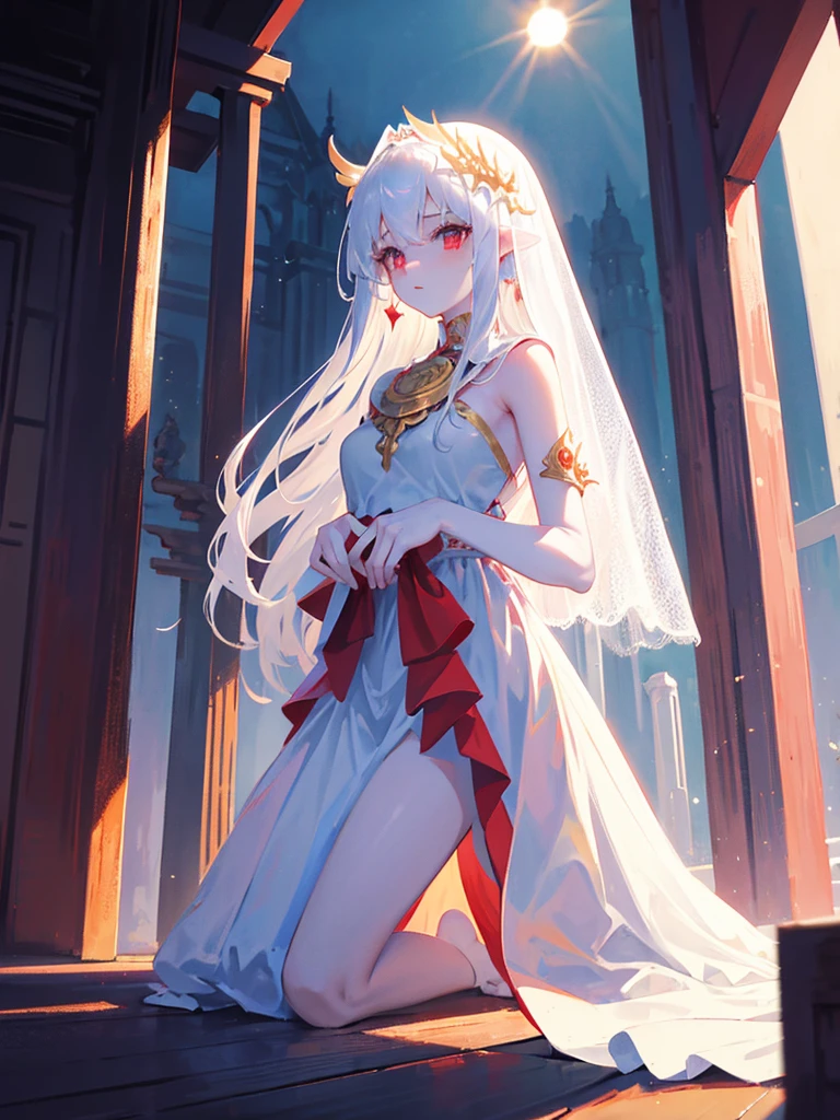 Beautiful, majestic, woman, solo-girl, long shite hair, pale white skin, red eyes, white dress, white veil, kneeling, temple in background, rays of moonlight