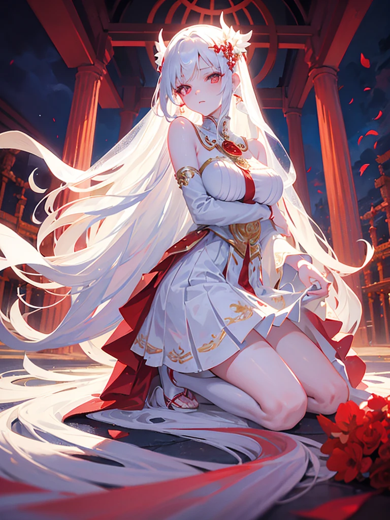 Beautiful, majestic, woman, solo-girl, long shite hair, pale white skin, red eyes, white dress, white veil, kneeling, temple in background, rays of moonlight