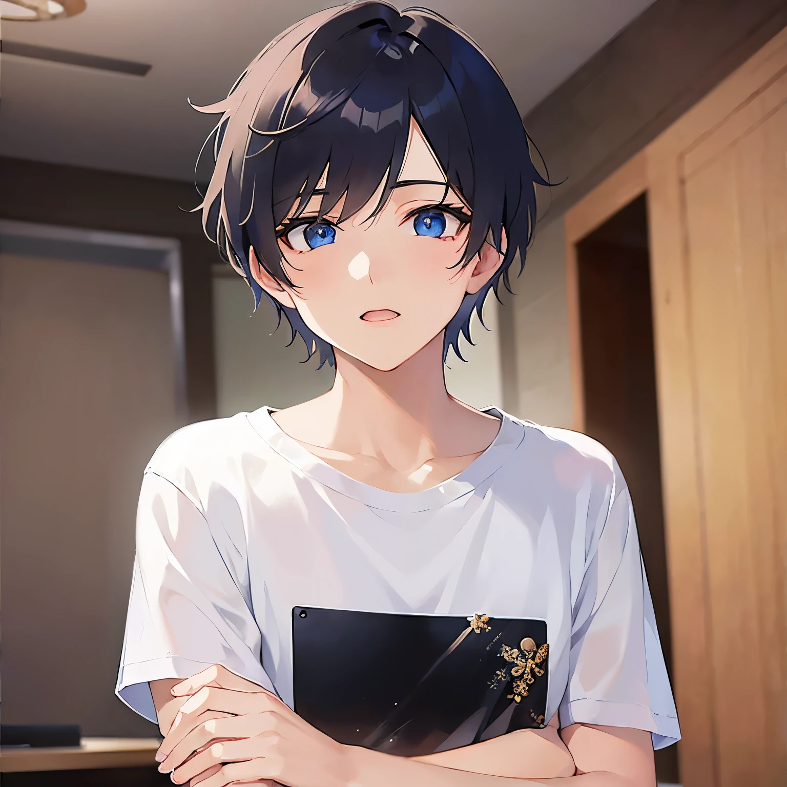 (25-year-old male:1.5) and (Black short hair) and (blue eyes),(looking at viewer:1.5),upper body、
shiny skin, masterpiece、Highest quality、
(white) and (T-Shirts),Sweat,surprised、The background is the dining room at night、(Alone:1.5)