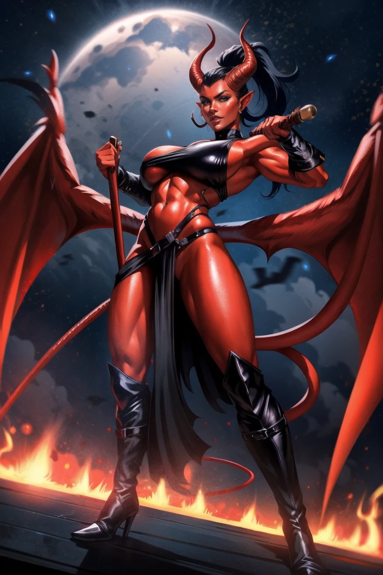 Red skin succubus tiefling, medium breasts, black horns, wings, huge tail, black leather, crop top, long flowing pelvic curtain, tall, toned, graceful, thin, long black ponytail. Action scene, whip. Dark scene, explosions, night sky.