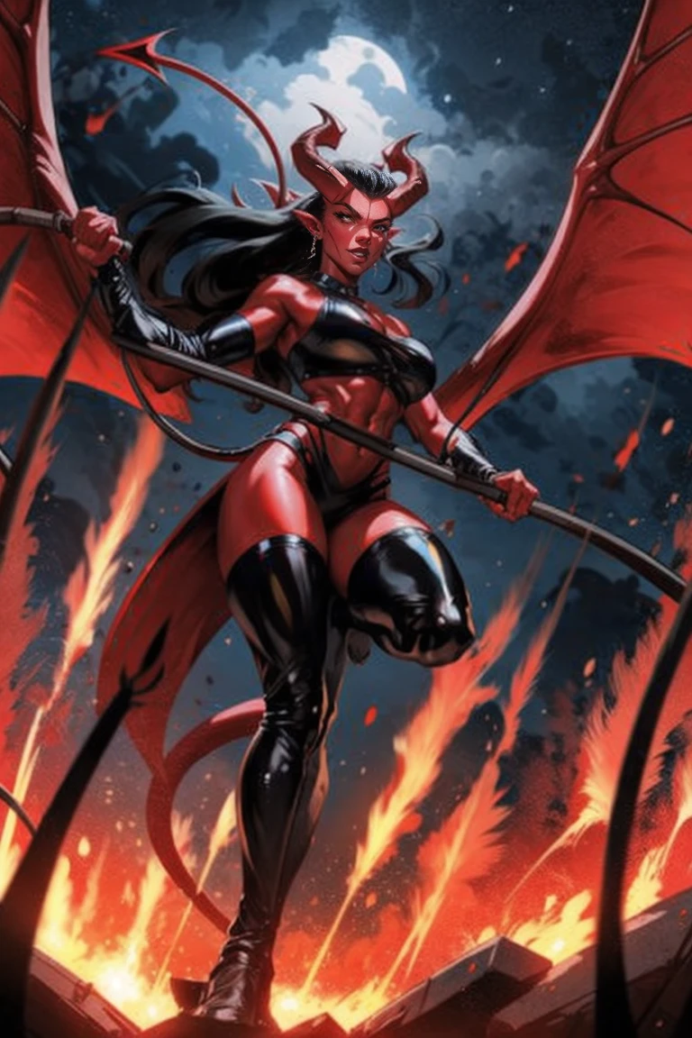 Red skin succubus tiefling, medium breasts, black horns, wings, huge tail, black leather, crop top, long flowing pelvic curtain, tall, toned, graceful, thin, long black ponytail. Action scene, whip. Dark scene, explosions, night sky.